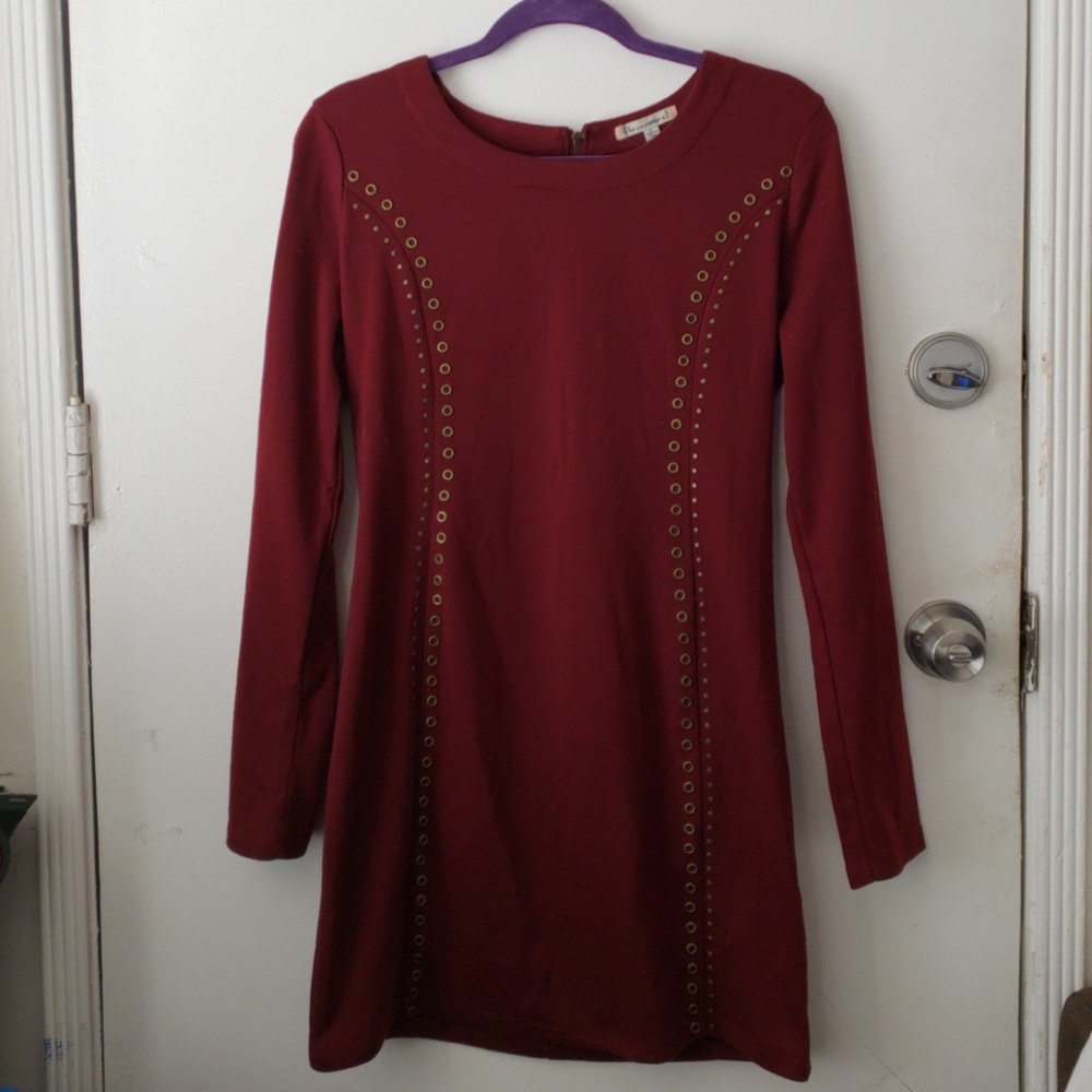 Studded detailed knit burgundy long sleeve dress
